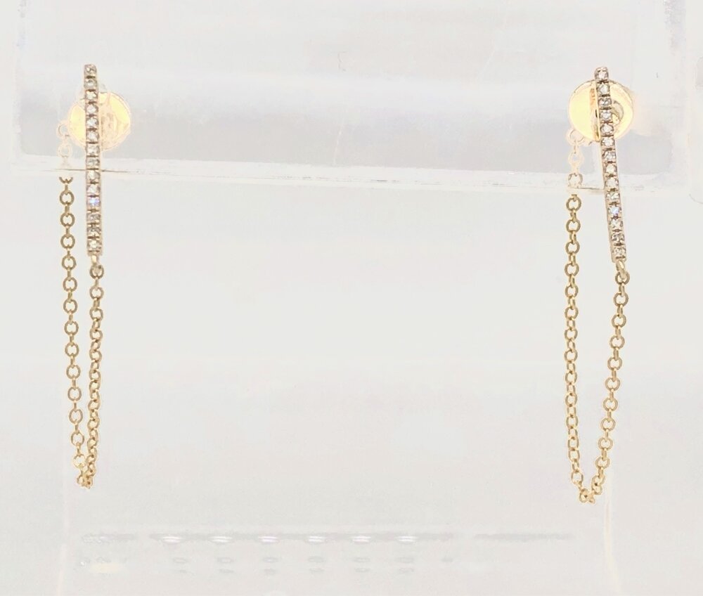 Yellow Gold and Diamond Stick Earrings with Hanging Chain
