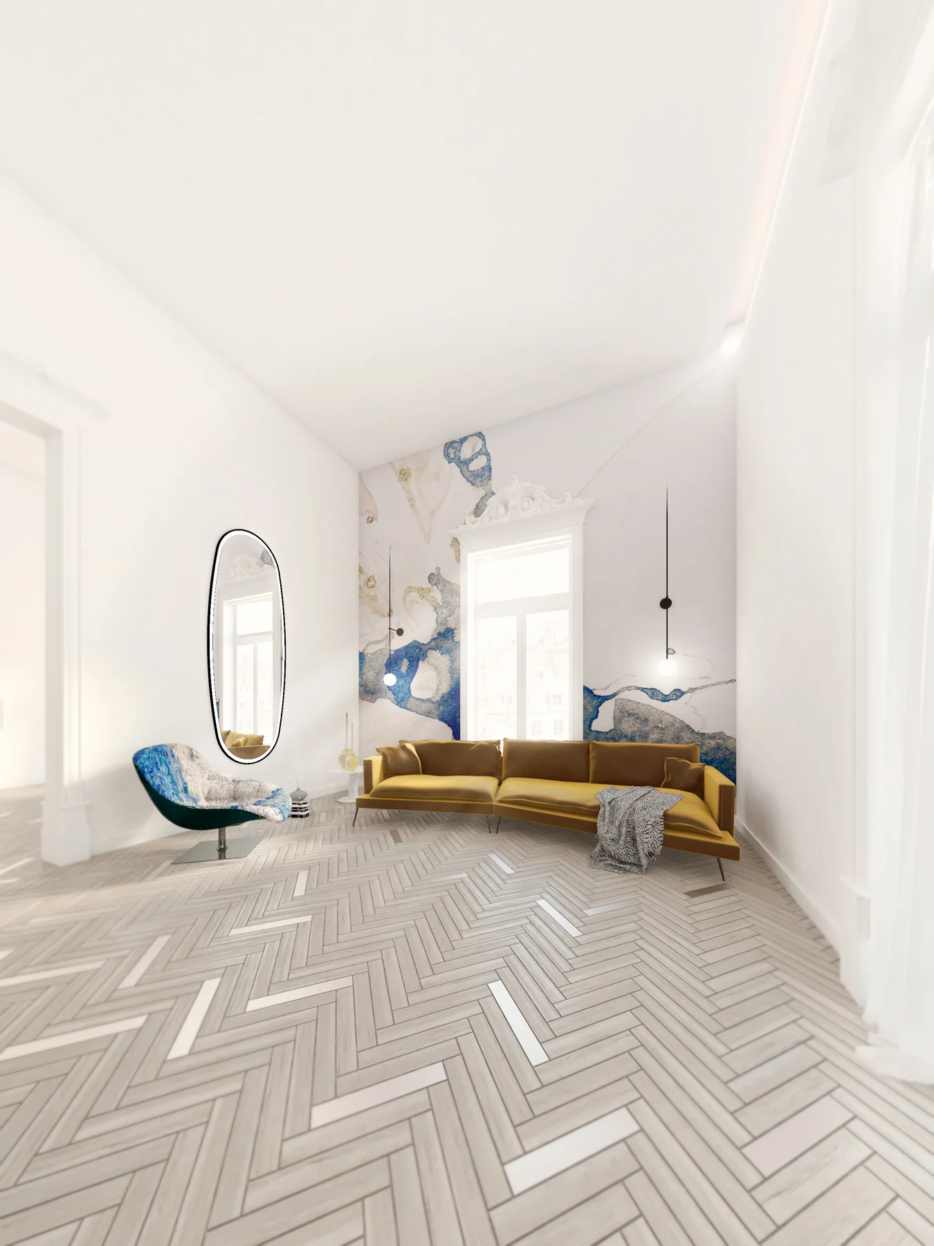 Angolo living // Sofa Black Tie by Frighetto _ Poltrona Bohemian Moroso con tessuto tailor made _ Illuminazione da parete Michael Anastassiades _ Specchio Flos _ Wallpaper Microcosmos Crest by Calico