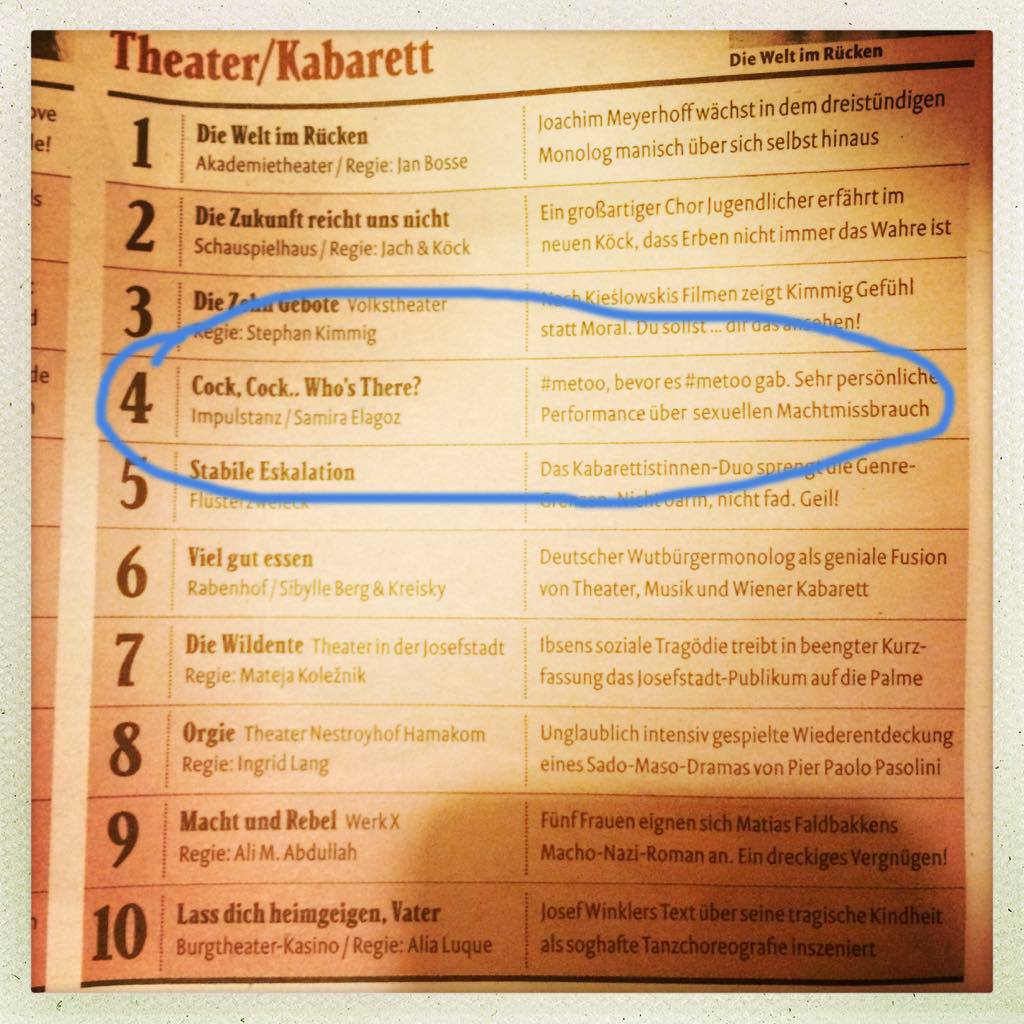 Cock, Cock.. Who's There? in the top 10 theatre highlights by Falke Magazine, Austria
