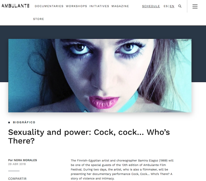 AMBULANTE.ORG Review: "..With visual brutality and stoic explanations full of irony, the artist submerge us into this social research, that reveals why sexuality and power are gender issues. ."