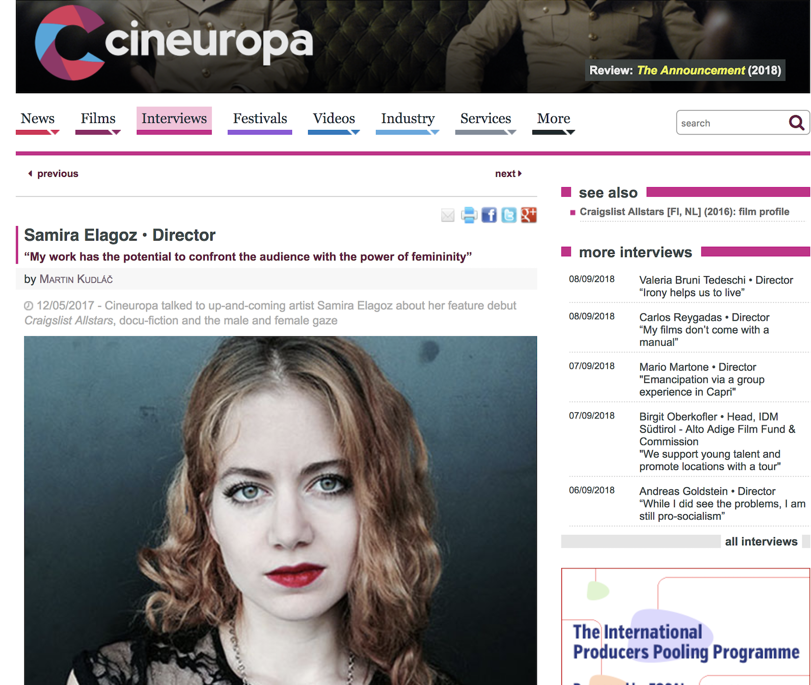 CINEUROPA Interview: "Cineuropa talked to up-and-coming artist Samira Elagoz about her feature debut Craigslist Allstars , docu-fiction and the male and female gaze"