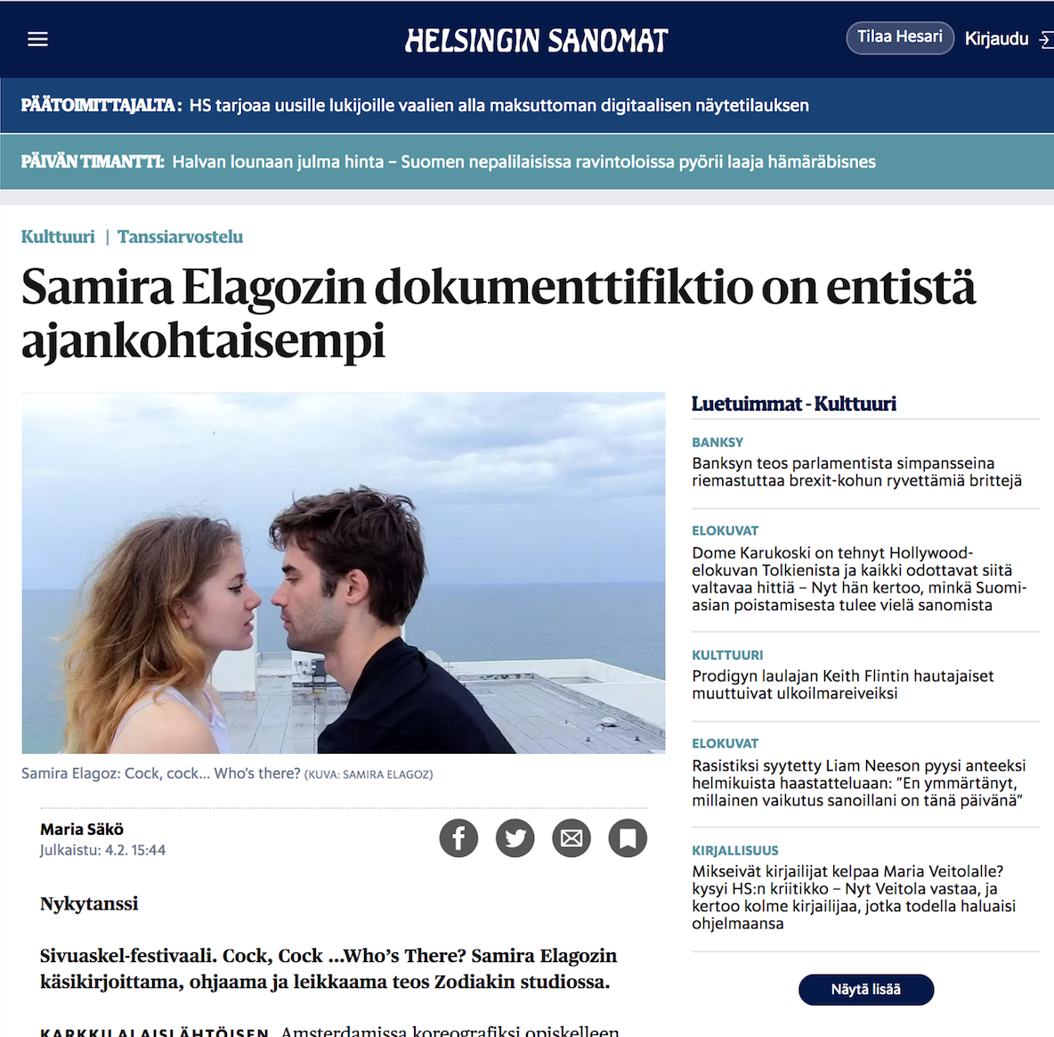 HS.fi Review: “Dense like a book, story line close to perfection combined with confessionalism typical to performance all produces a unique art work which after-images ja contradictions one has to ponder for long. The performance's freedom and courage, that has been refined with strong theoretical thinking still feels very radical" 