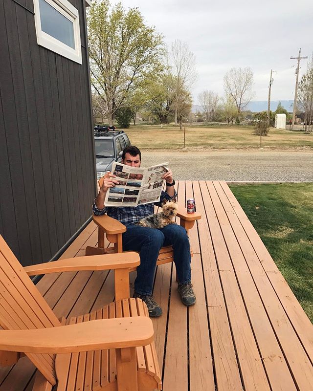 Just a man and his tiny house with his tiny Yorkie on his not-so-tiny deck.