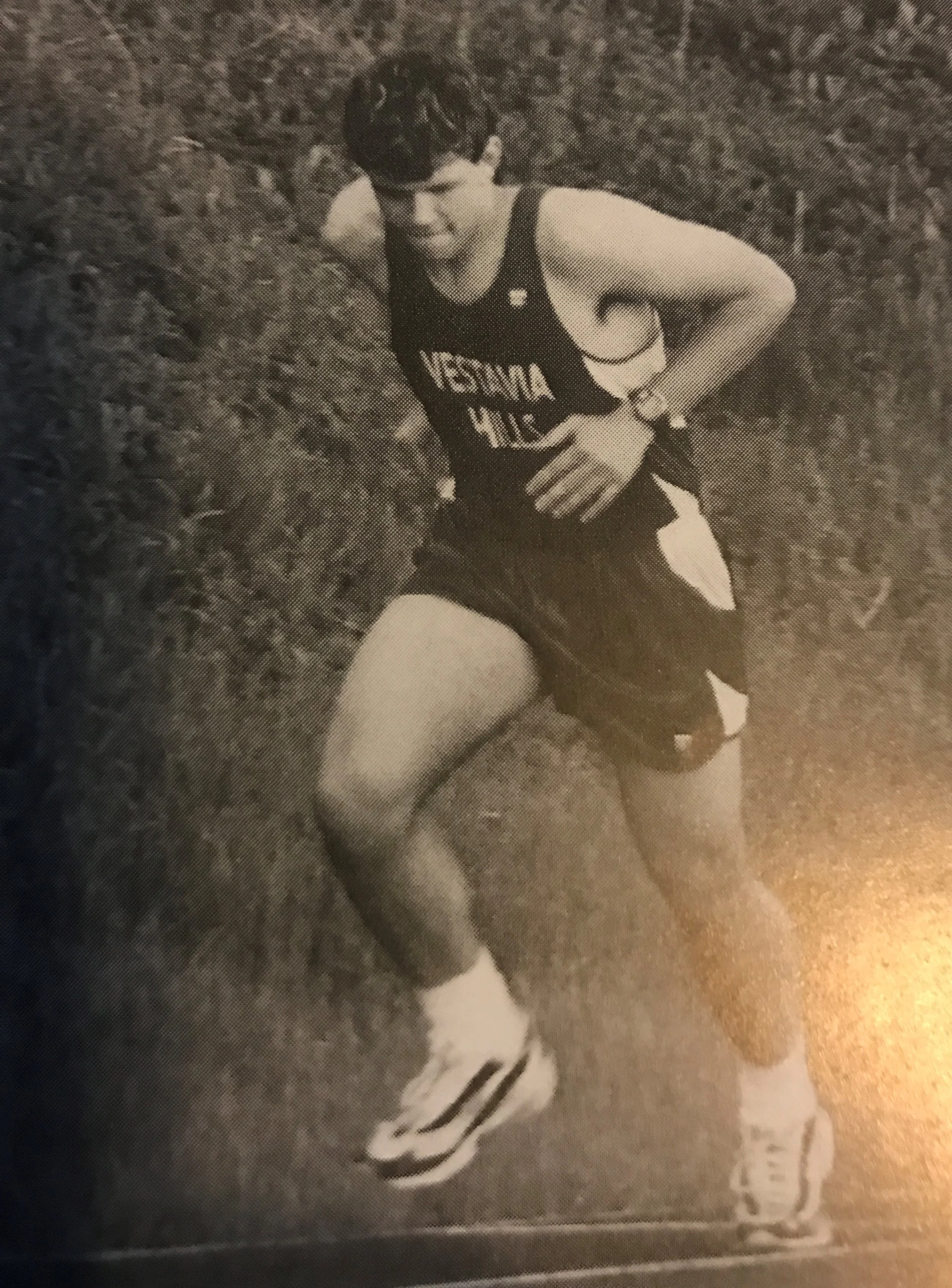 I competed in Cross Country and both Indoor and Outdoor track in the 800 meter dash, 4x800 meter relay, 1600 meter dash, 4x1600 meter relay, and 3200 meter dash. There was a one time event of 4x3200 relay. I was the 2nd fastest runner and was always the first to start the relay races.