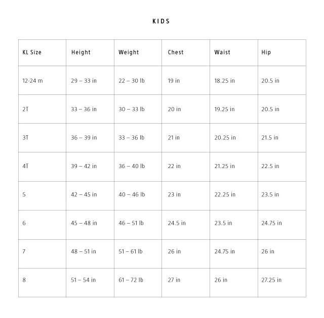 To find the right fit, start with height. Most of the change in children's clothing happens in the length. The chest measurement should be taken under the arms and around the bust line; the waist measurement is at the natural waist (to find the natural waist, ask your child to bend to the side - the crease is where her natural waist should be); and the hip measurement should be taken at the fullest part of the hip.