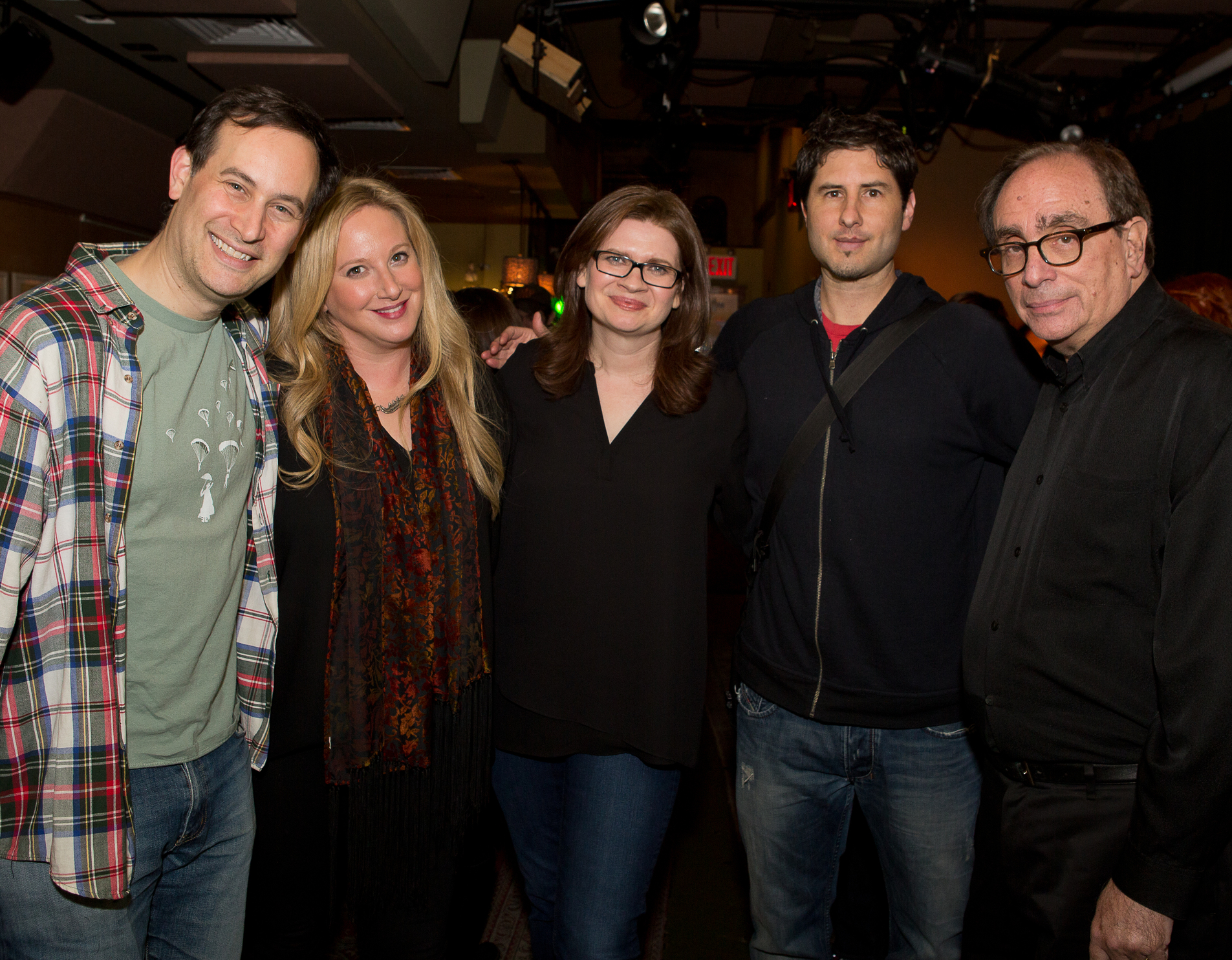 The cast of our first show, March 2015 : David Levithan, Leigh Bardugo, Emmy Laybourne, Matt De La Peña, and RL Stine.