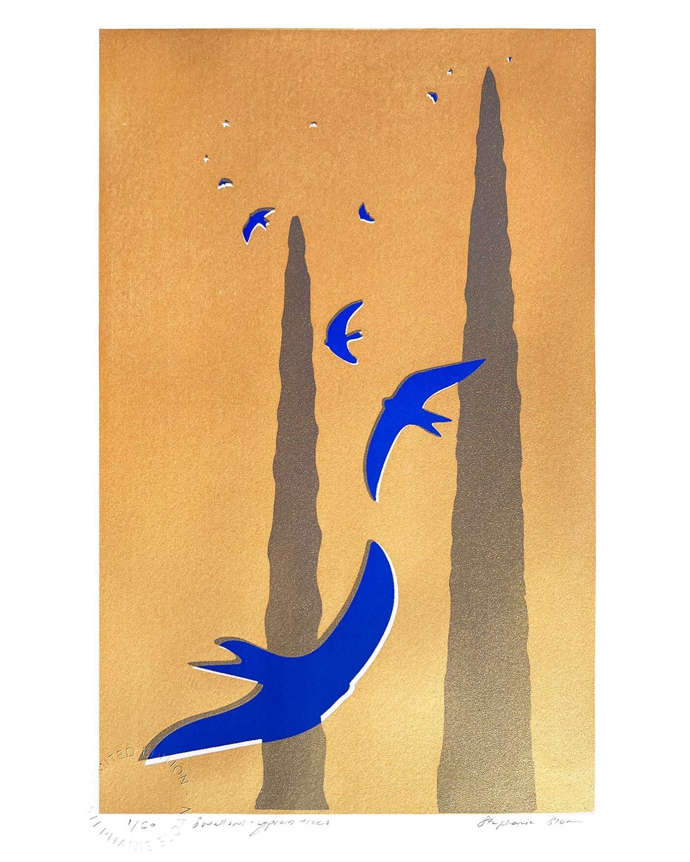 Swallows and Cypress trees. New screen print just added to my website in an edition of 20. 
Approx A3 size in two colour- shimmering gold and cobalt blue. 

A memory of last summer in France.. warm evenings .. swallows diving close and flying high un