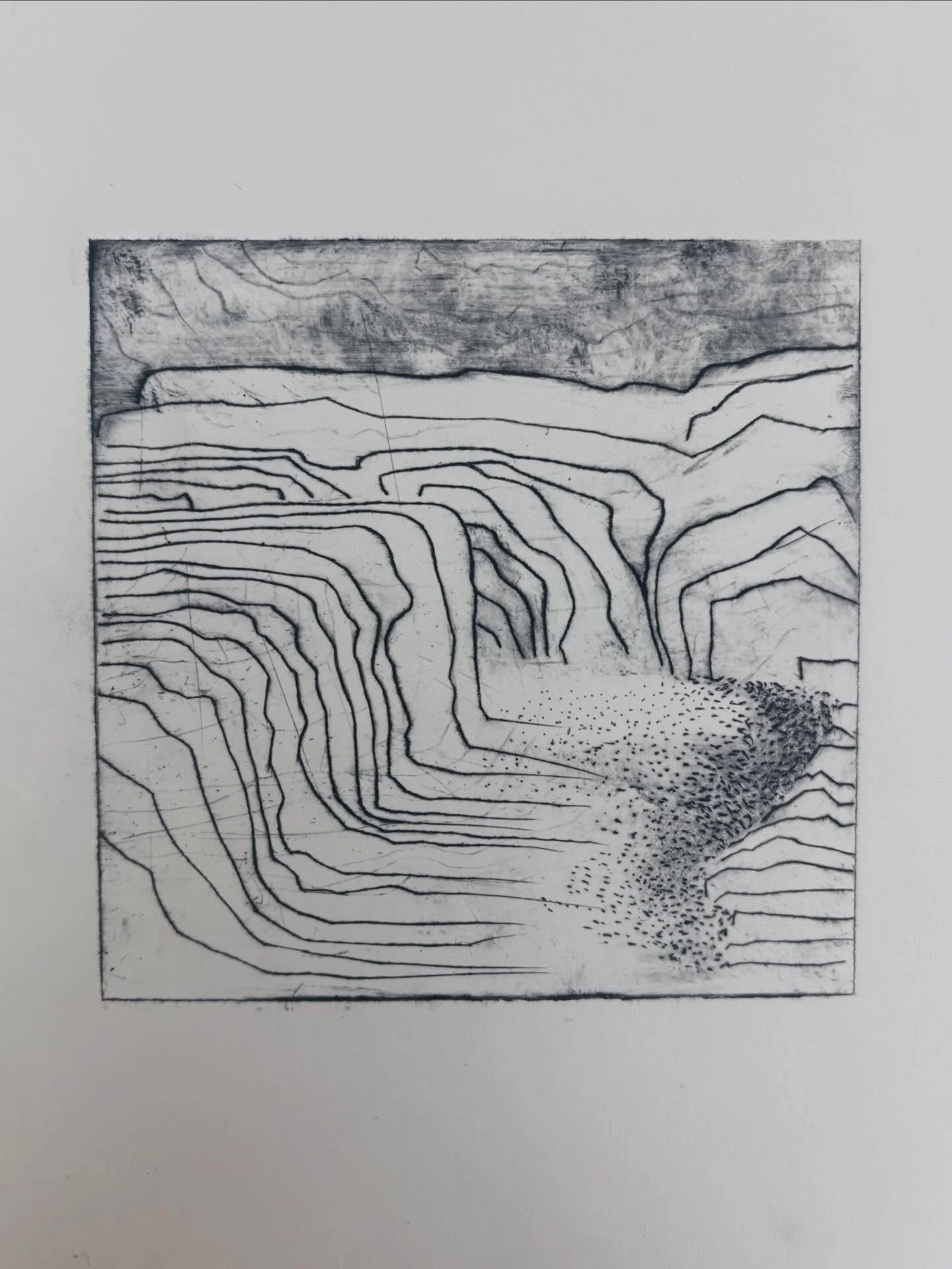 Etching 13x13cm- 
Small size series emerging from recently discovering the joy of etching. 😁 The process sits very happily with my studies of coastlines. Rocks and sands changing every day here with weather and erosion. Love using the immediacy of s