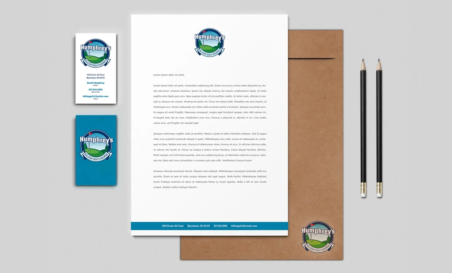Logo design, letterhead, envelope and business cards for Humphrey's Hilltop Golf Course.