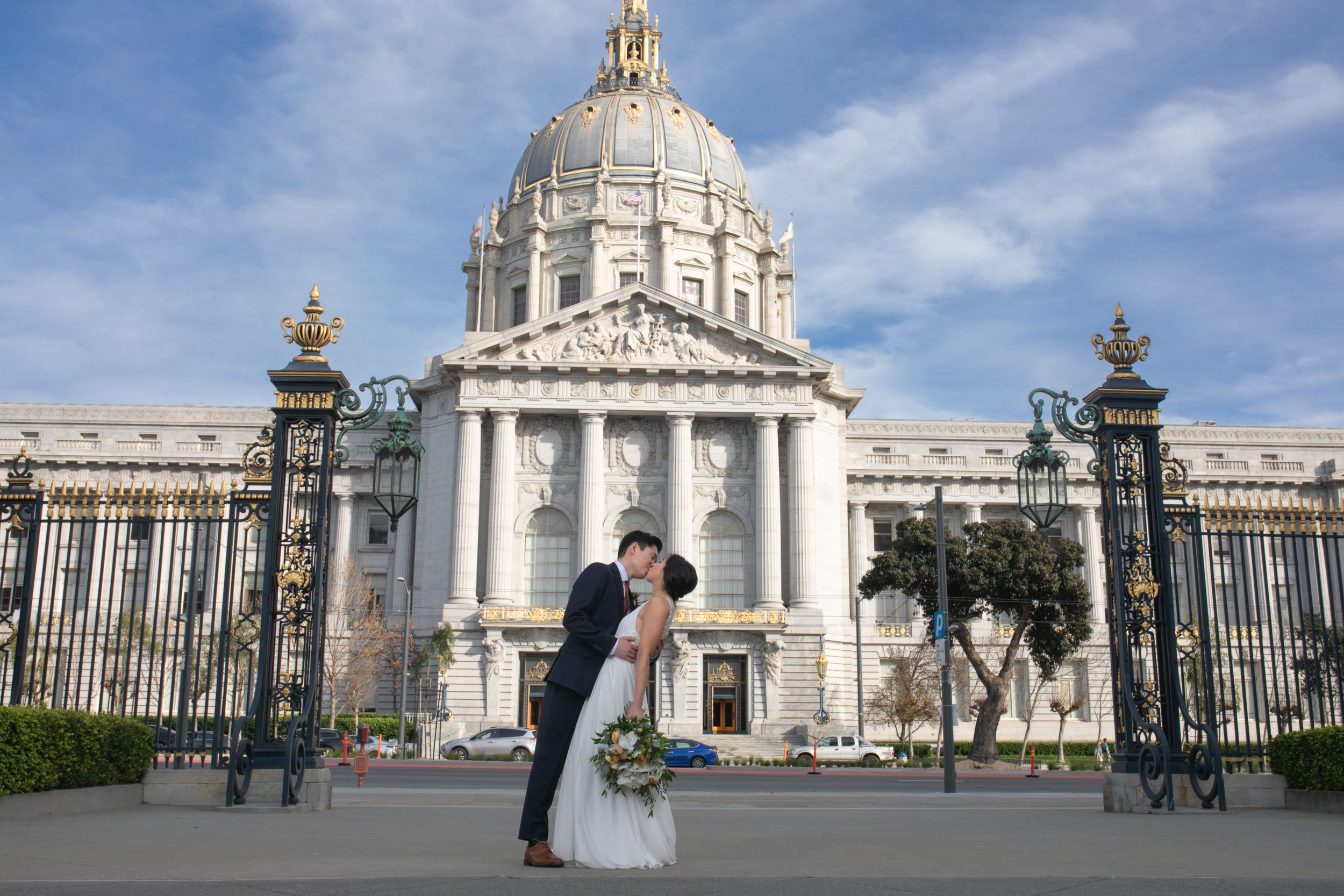 SF City Hall wedding outside sky flash natural