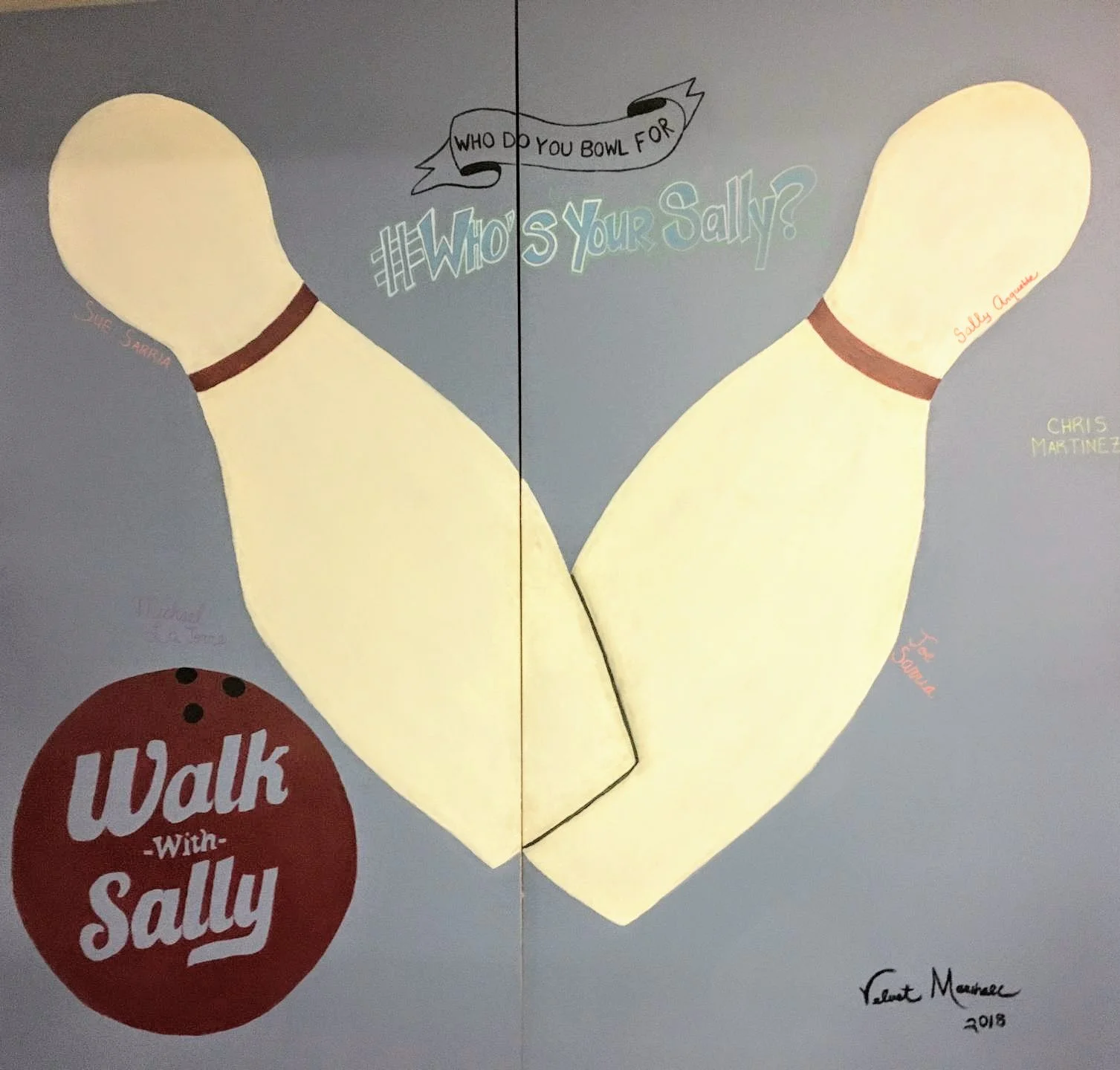 "Walk With Sally - Bowling Charity mural" 8' x 8' chalkboard paint on masonite at 840 Apollo Street, Ste 324, El Segundo, CA 90245 © 2018 Velvet Marshall Walk with Sally is a wonderful organization dedicated to providing free mentoring support programs and services to children whose parents, guardians or siblings have cancer or succumbed to cancer. This 8' x 8' chalkboard mural on panel board provides a writable surface for the names of the loved ones participants are bowling for in the annual fundraising event. Many thanks to Stefanie Werner Glassberg for asking me to get involved in this inspiring project #walkwithsally #bowlingfundraiser #whosyoursally #bethechangeyouwishtoseeintheworld #velvetmarshall #art