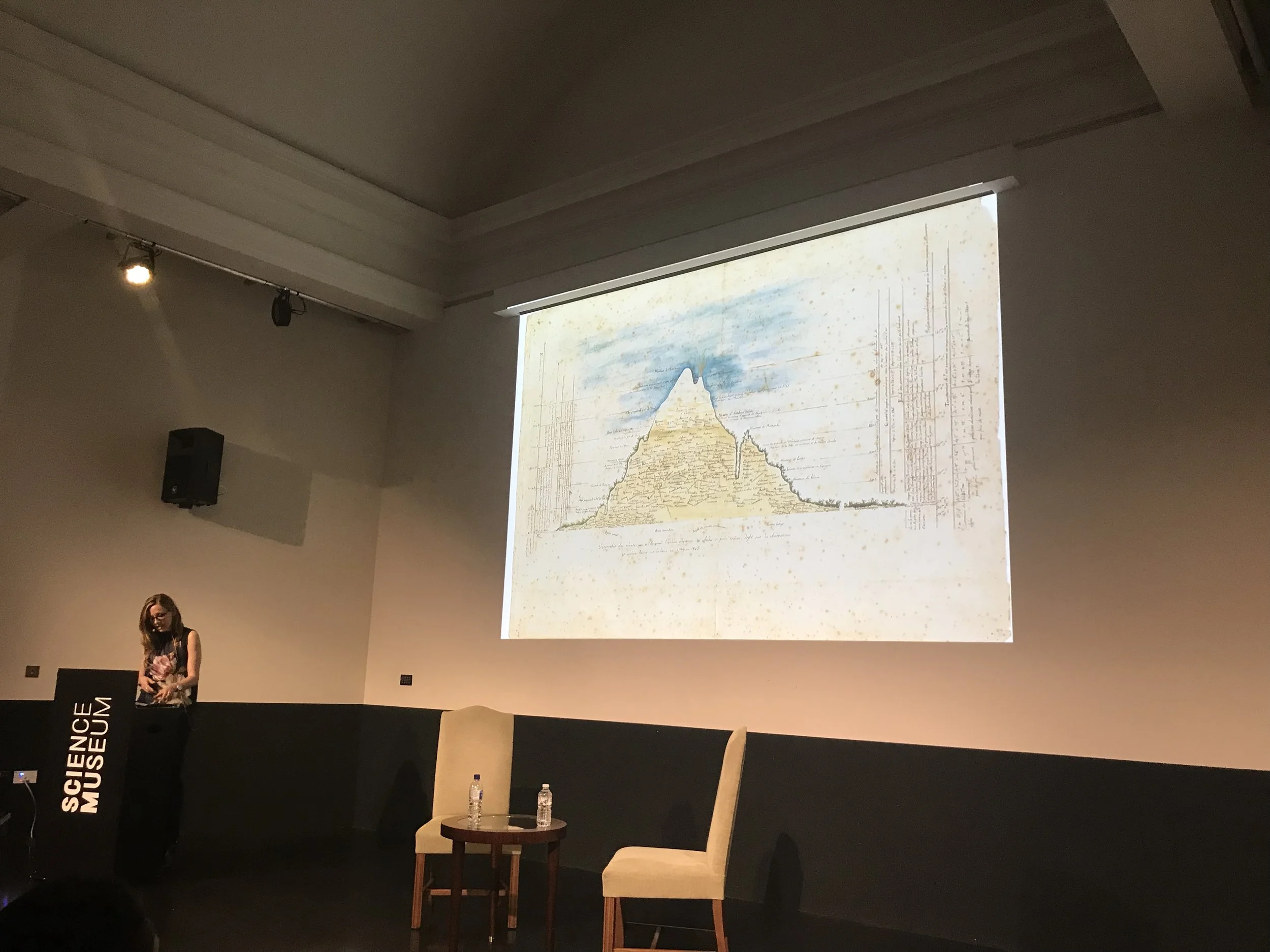 Andrea Wulf presenting Humboldt's species and stats map on Chimborazo | Credit: Talita Bateman
