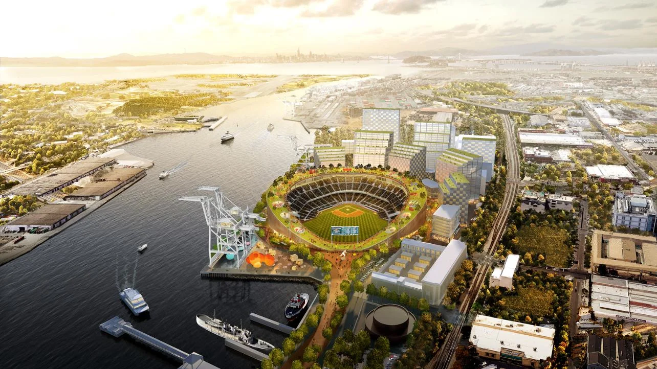 Preliminary artist rendering for the proposed Oakland A’s ballpark near Jack London Square in Oakland. The project will be LEED Gold and reflect the A’s strong commitment to sustainable development and environmental justice (Credit: Oaklandballpark.com)