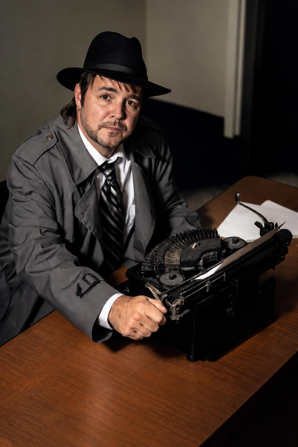 Michael Lister in a fedora and trench coat at a typewriter