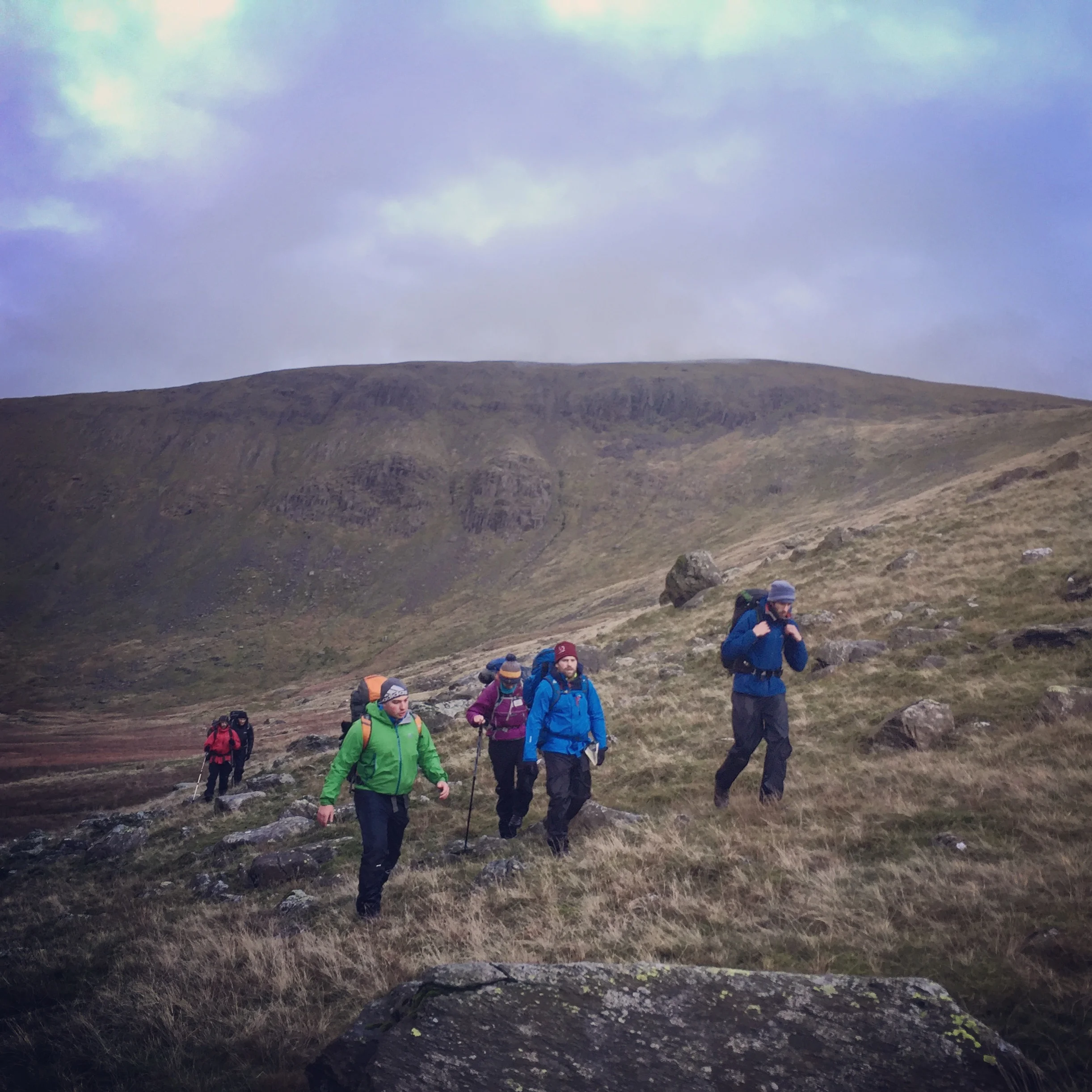The descent from Levers Haw in the background