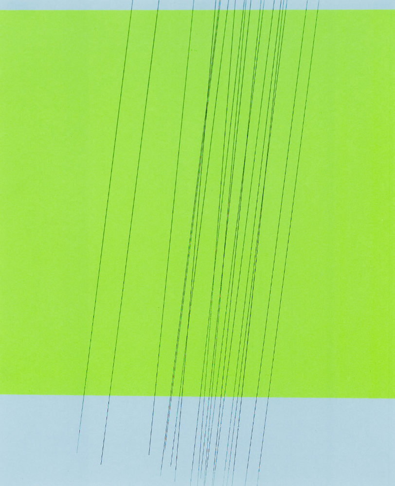 Blue Green Blue Solid Rain Lines, graphite transfer on screen print, 15 x 12 inches