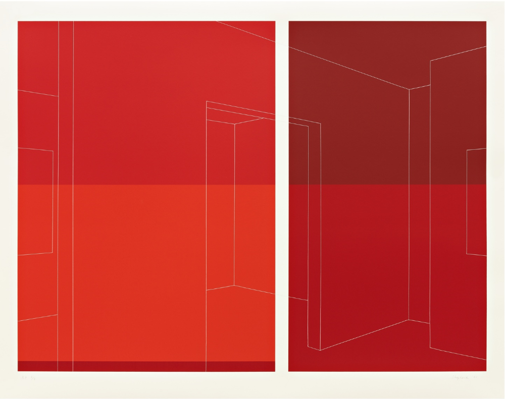 Still Gallery, View Between, 4 Reds, Thread Line , 2002, screenprint on museum board, 34 1/8 x 43 1/2 inches, Pace Prints, artist's proof