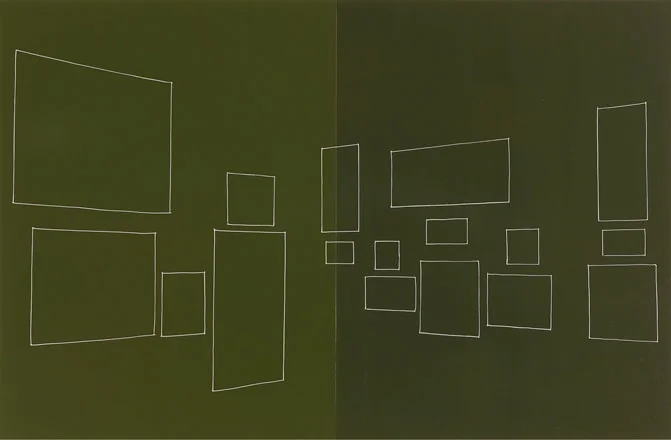 A Barnes Collection, old green wall , oil and enamel on panels, 16 x 26 inches