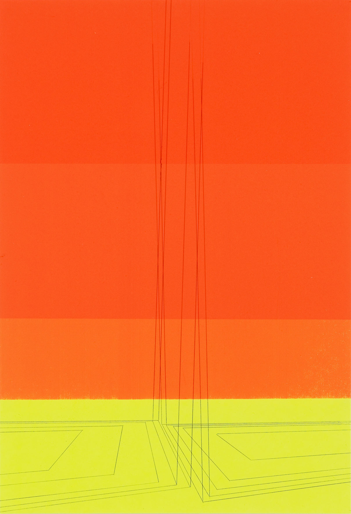 Pyre Lines on Orange from Yellow Ground, graphite transfer on screenprint, 12 x 17.5 inches