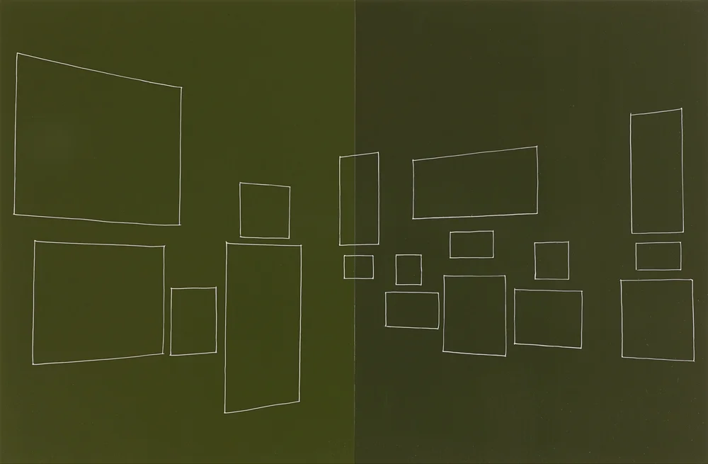 A Barnes Collection, old green wall , oil and enamel on panels, 16 x 26 inches