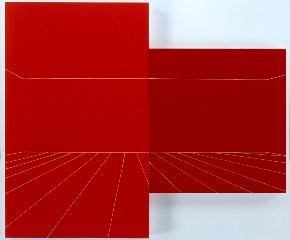Orange and Sunshine, Red Stage , oil and enamel on panels, 23.25 x 14.25/14.25 x 13.5 inches