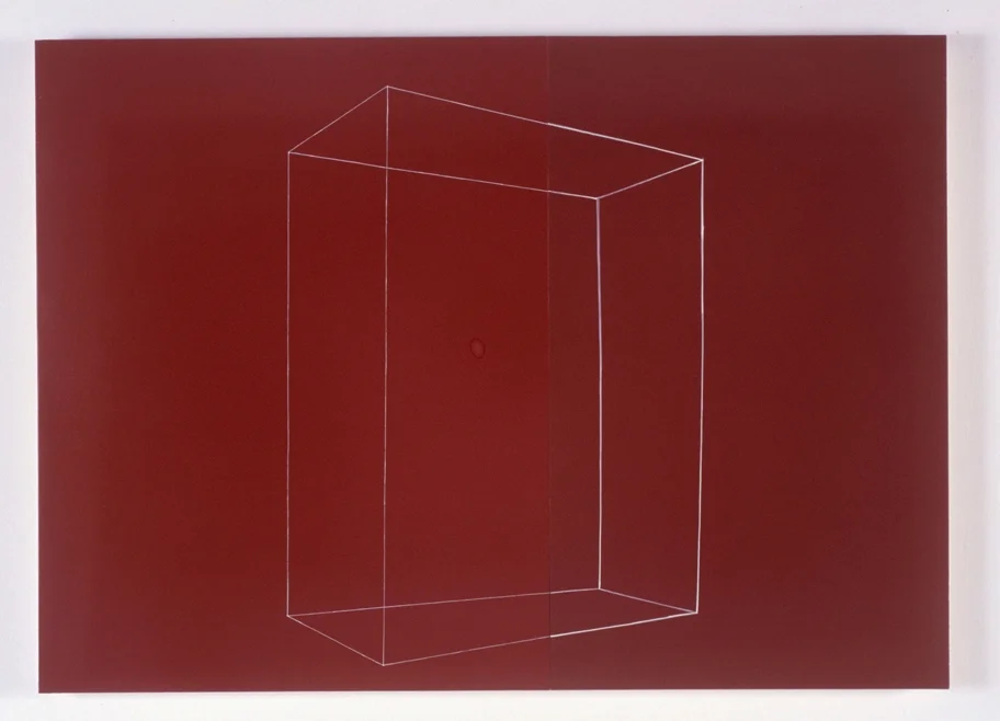 Box faces right, heavy line on darker of two reds , oil on panels, 23 x 32 inches