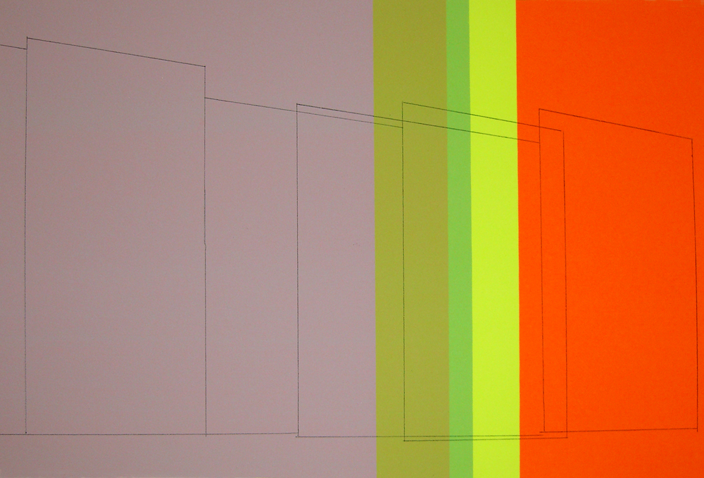Tall Walls, Some Transparent, Montresor Colors, graphite transfer on screenprint