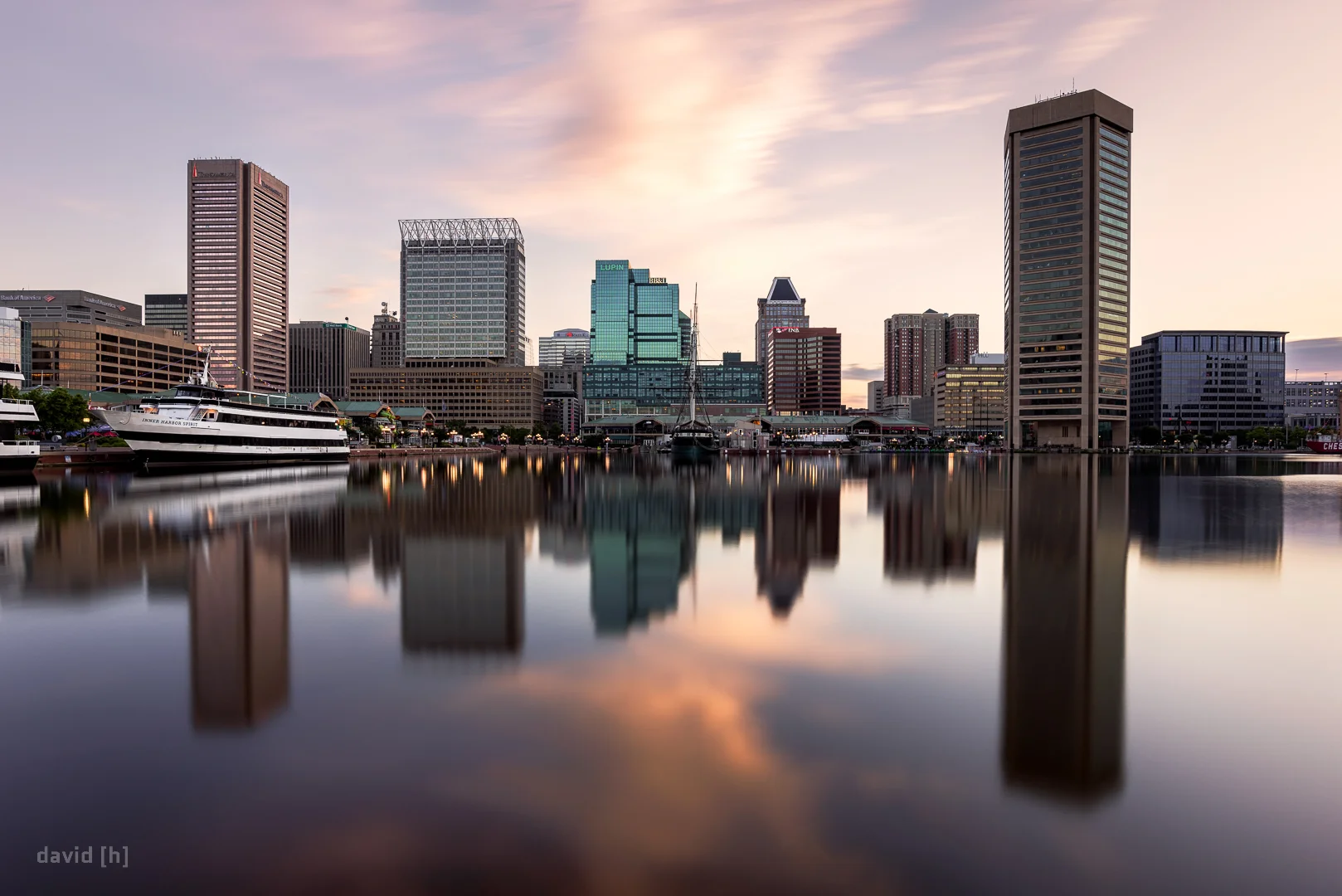 The Baltimore Skyline as seen from the inner harbour, just after sunrise.