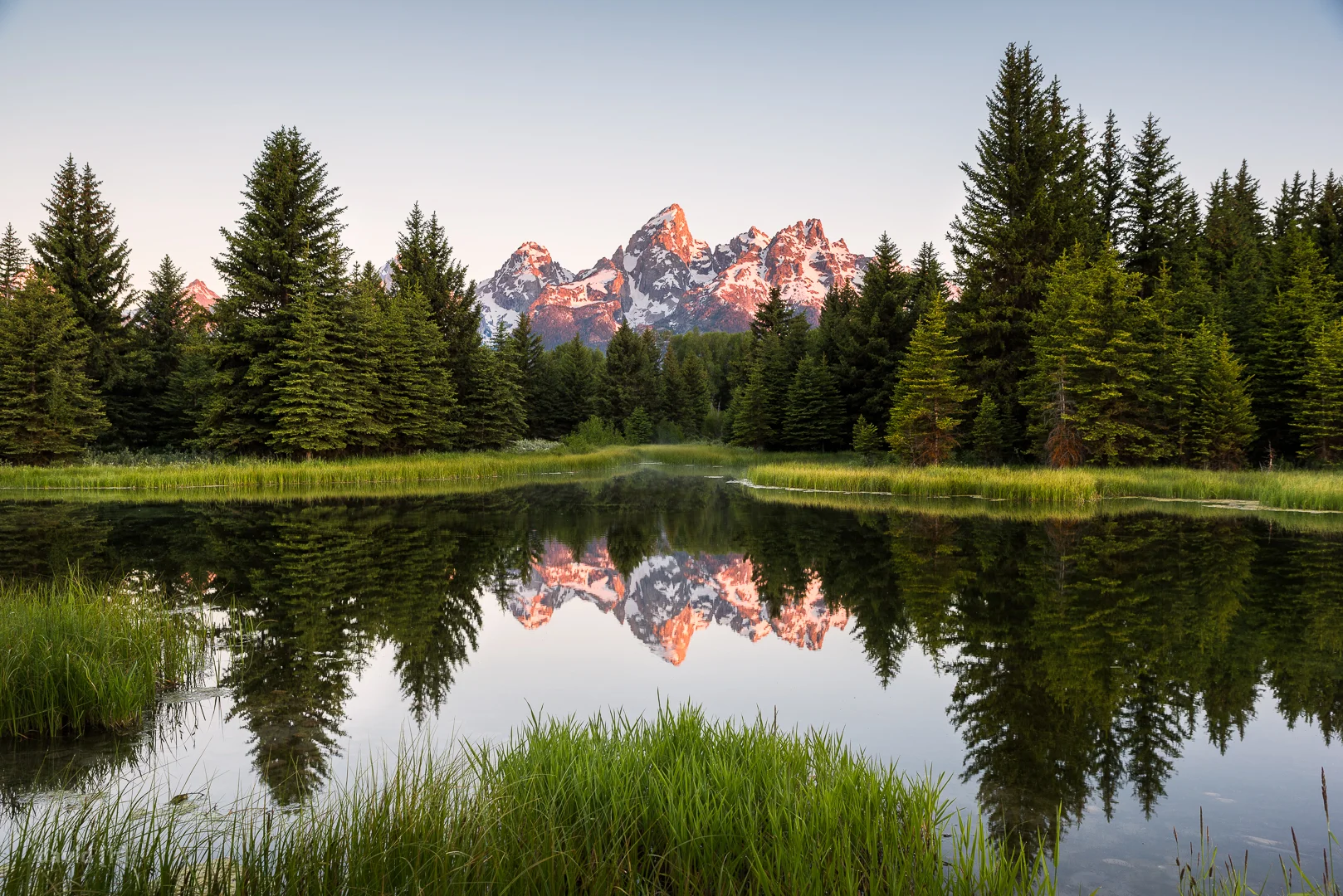 Mountain glow at Schwabacher Landing on our last morning in Grand Teton.