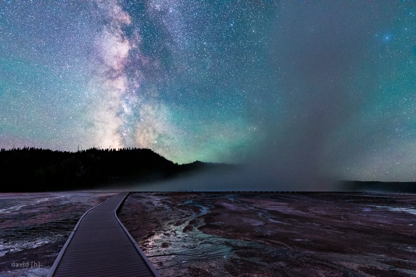 The Milky Way behind the Grand Prismatic Spring at Midway Geyser basin at around 2.30 am.