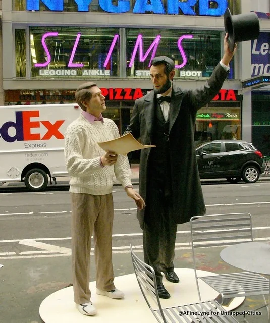 "Return Visit" shows President Abraham Lincoln with a man from the 20th century side-by-side. Normally, the figures stand in front of the Wills House in Gettysburg Pennsylvania, noting the location where Lincoln stayed overnight finishing the Gettysburg Address. Courtesy of Untappedcities.com and afinelyne.com/.