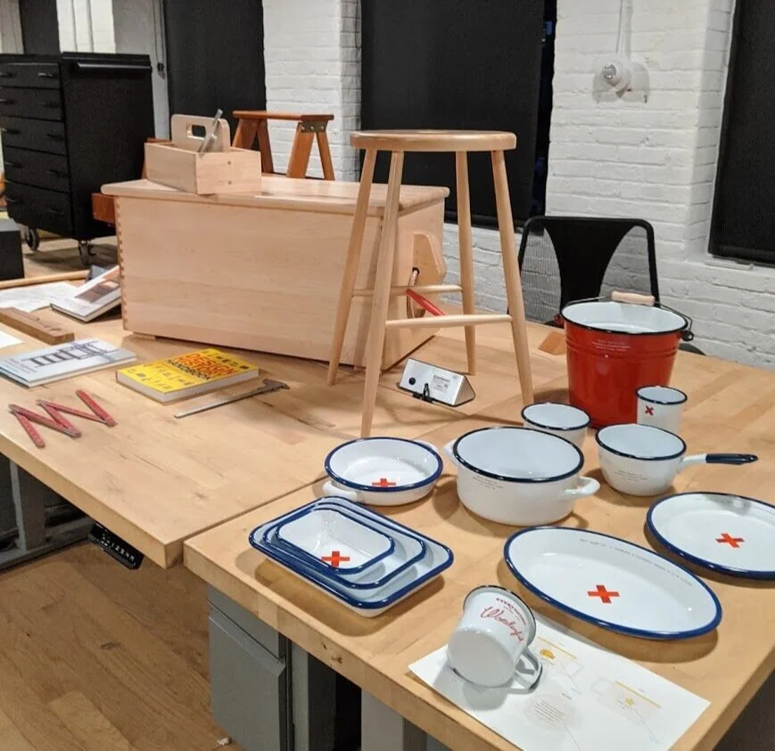 White Oak Collection - Toolbox, Blanket Chest, StoolEnamelware - Bowl, Utility Pot, Tumbler, Soup Pot, Casserole Dish, Oval Platter, Set of Three Trays and “Everything Here is Wonderful” Mug