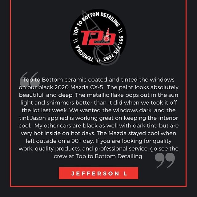 Real People. Real Reviews. If you want your investment looking brand new again, call us at 951.775.7662 to discuss package options that best fit your needs!
&bull;
Only the best here for our customers at Top to Bottom Detailing 💯
&bull;
Top to Botto