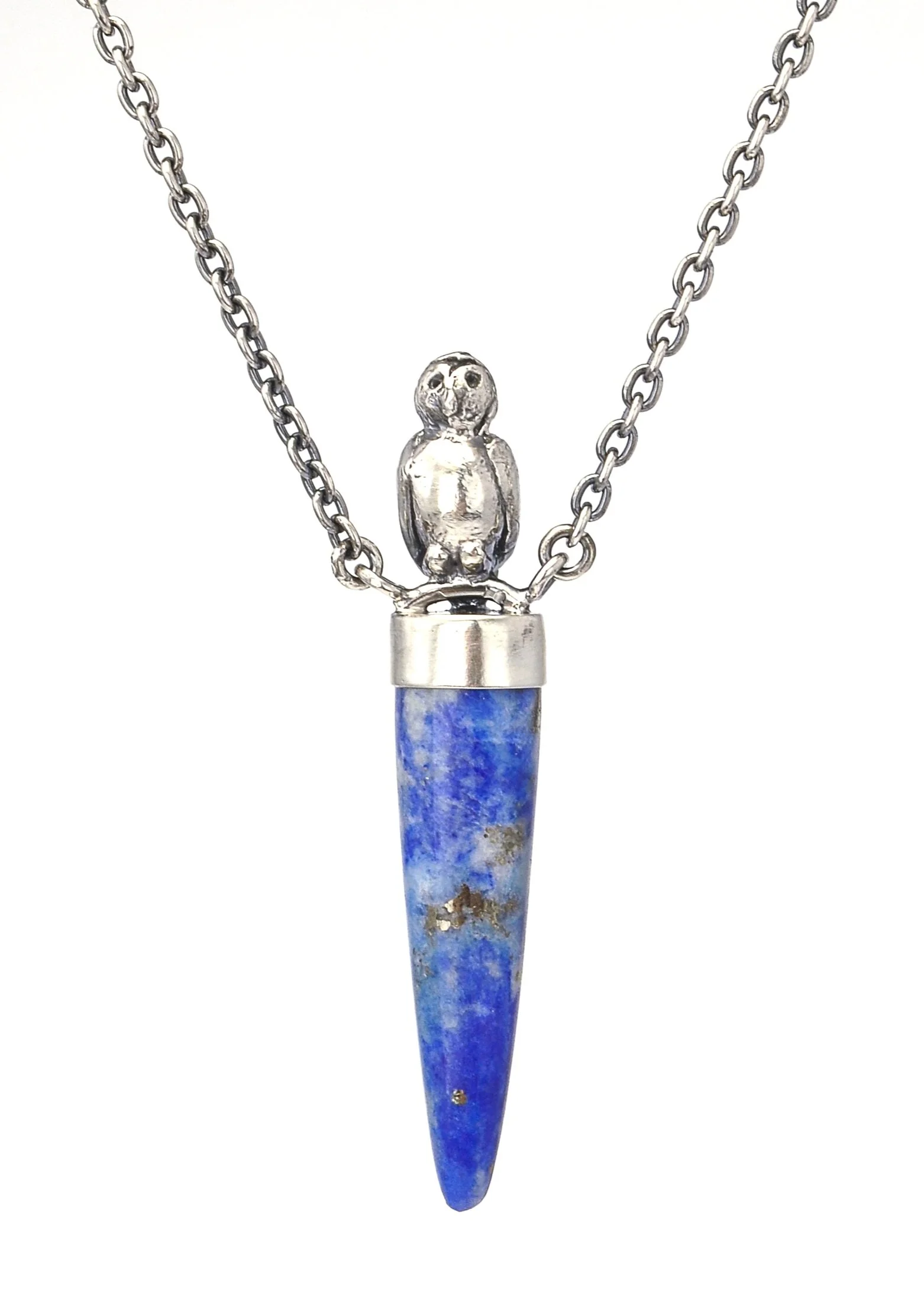 Artist-cut Peruvian lapis, cast sterling owl