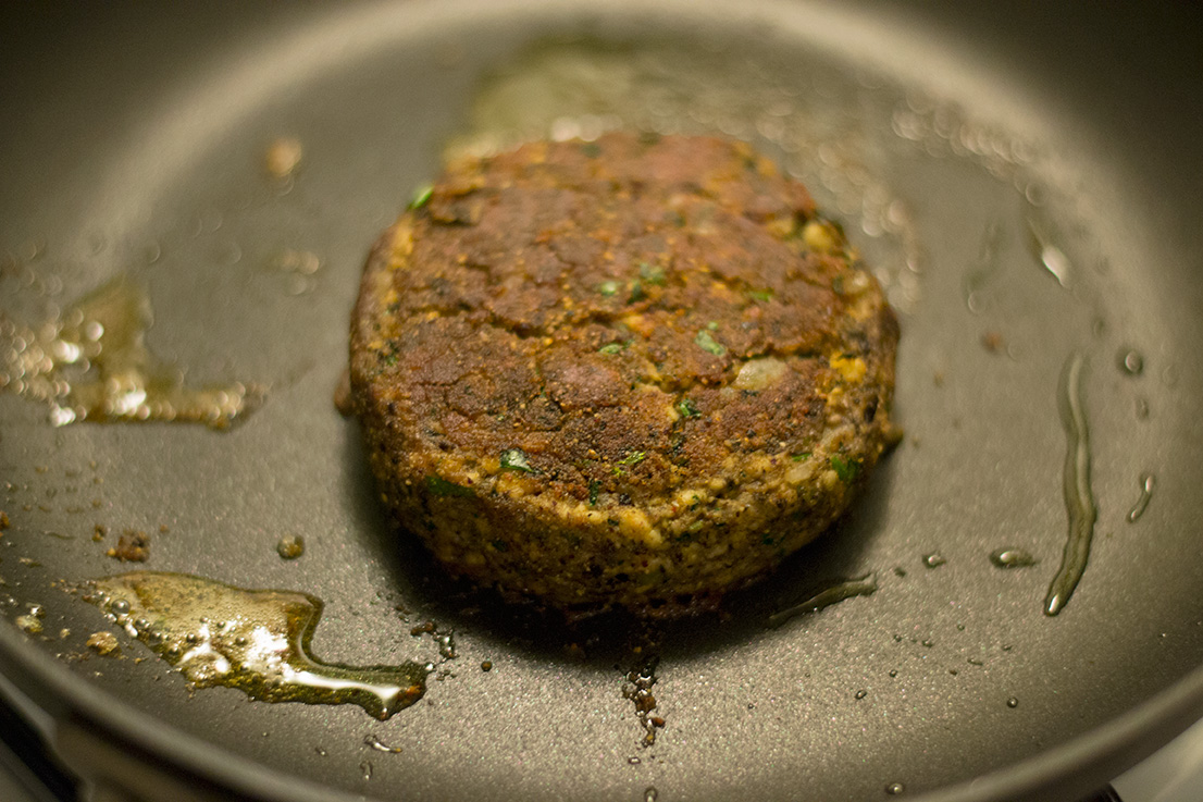 The burger, nice and crusty.
