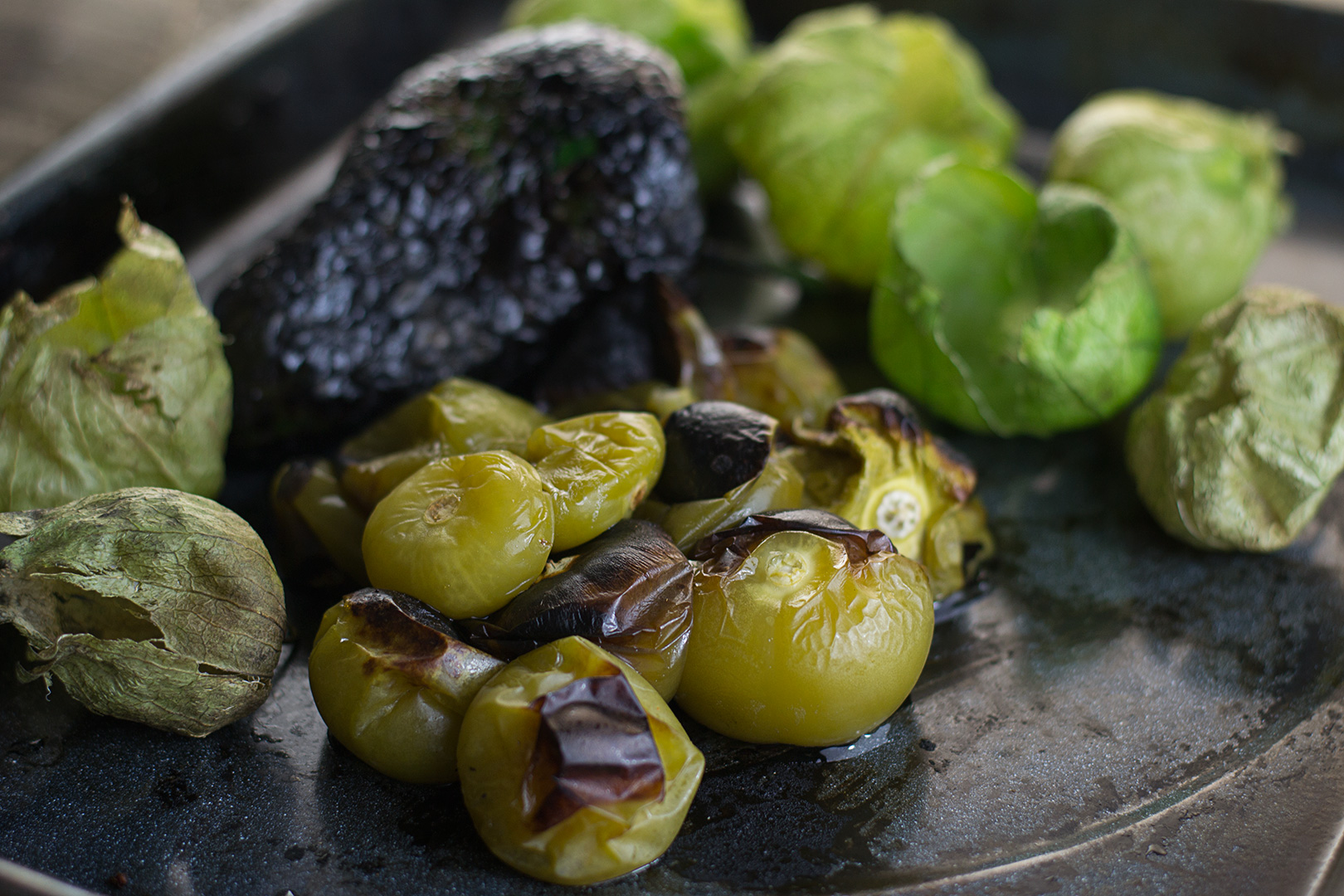 The roasted Tomatillos and Poblano