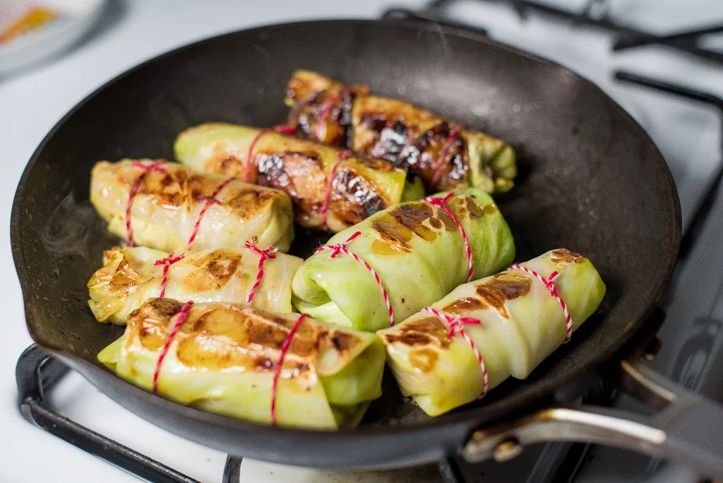 Pan Fried Stuffed Cabbage Rolls with Spiced Lamb