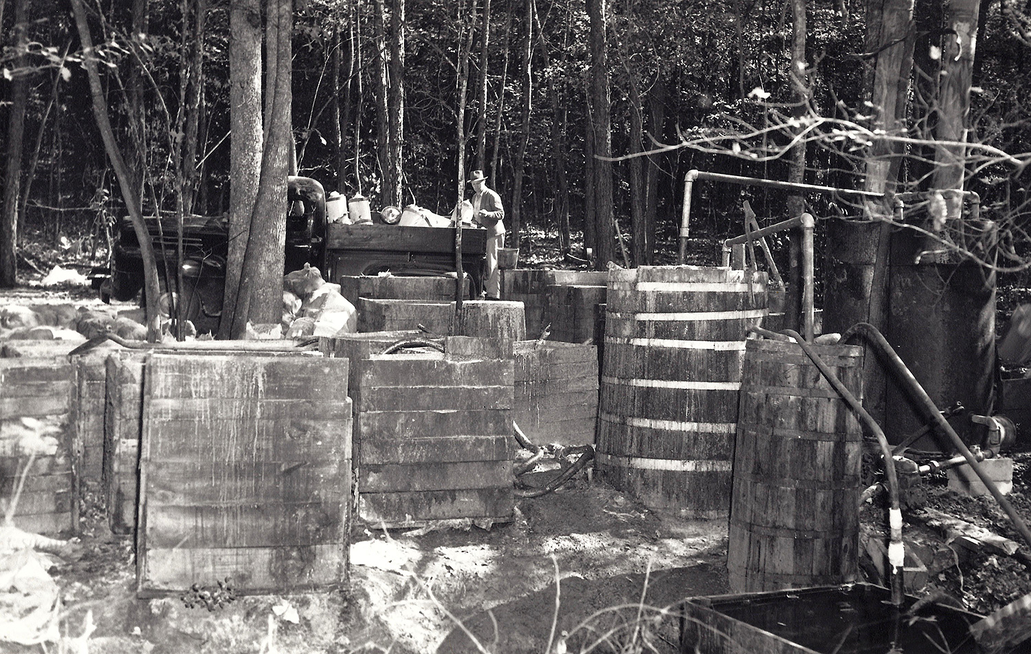 Large steam still operation located in Wilkes County in Call's Section. Note the 4x4 open wood fermentation boxes on left and the still, burners, thumper, and condenser on right. The Revenuer in the background looking on to his find.