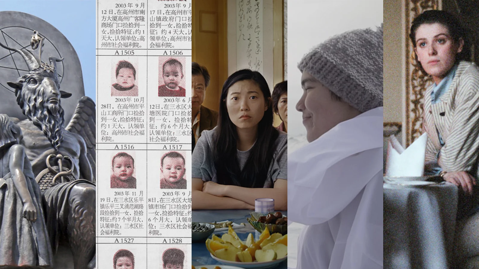 stills from Hail Satan? , One Child Nation , The Farewell , Throat Singing in Kangirsuk , and The Souvenir