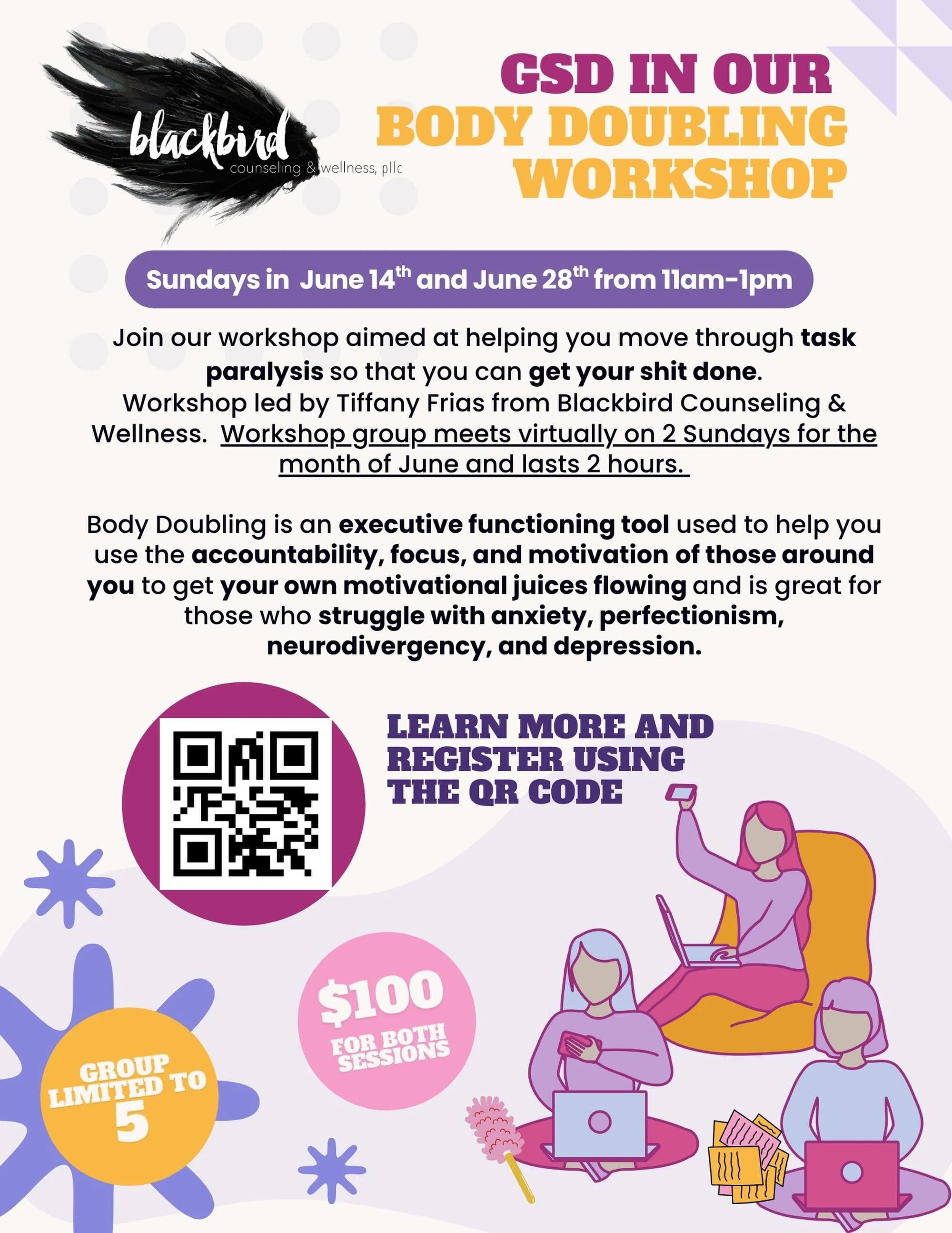 We are launching a Body Doubling Group this June. Space is limited to sign up via the QR code OR the EVENTS page on our website.  #SanAntonio #Texas #neurodivergent #bodydoubling #taskparalysis