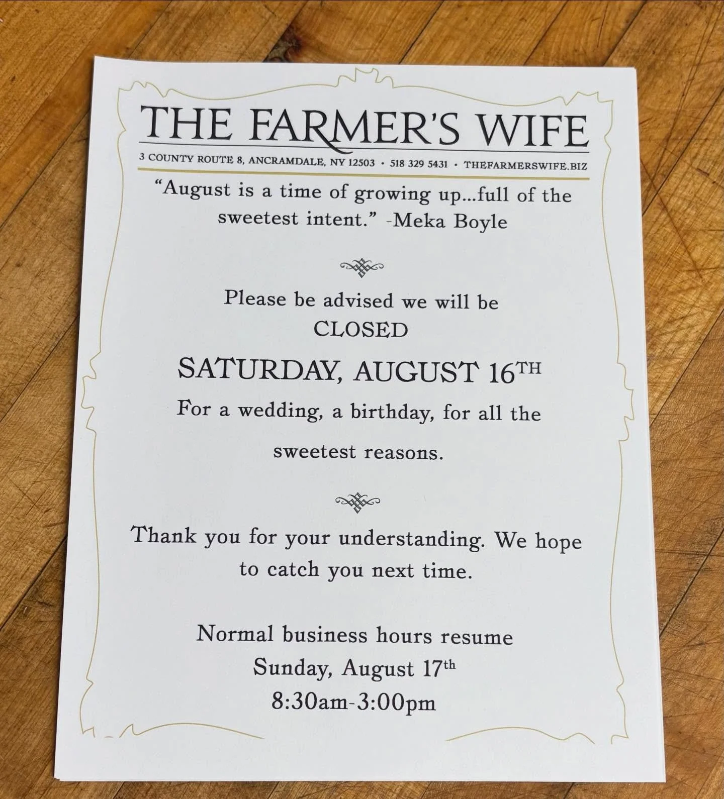 Please note: we are CLOSED THIS SATURDAY.

We will reopen Sunday, August 17th.
Sorry to miss you!