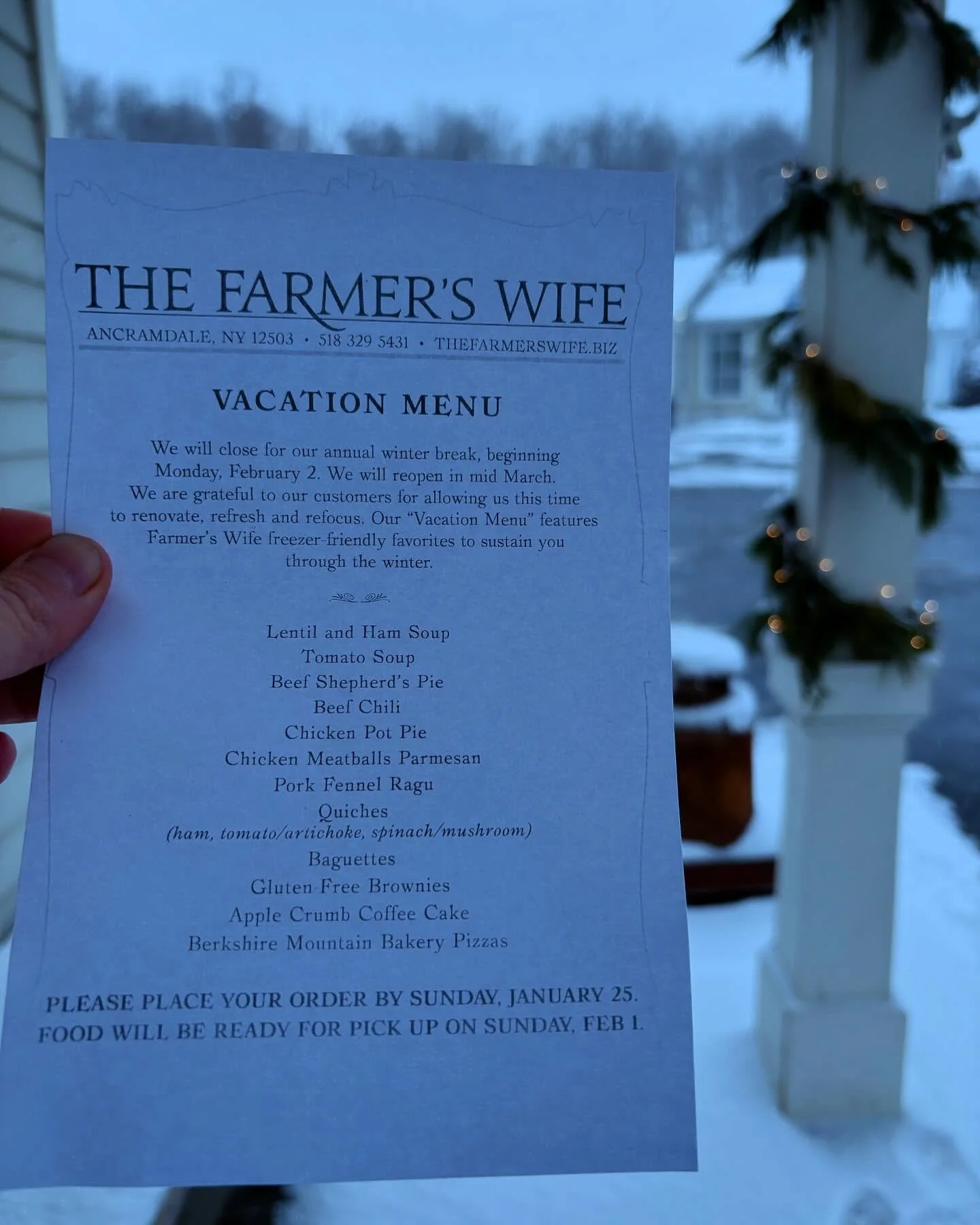 Friendly, Wintry Reminder:
Just one week left to order your Farmer&rsquo;s Wife Favorites for the long winter.

Call, email, or stop in to place those orders!
See you, soon.