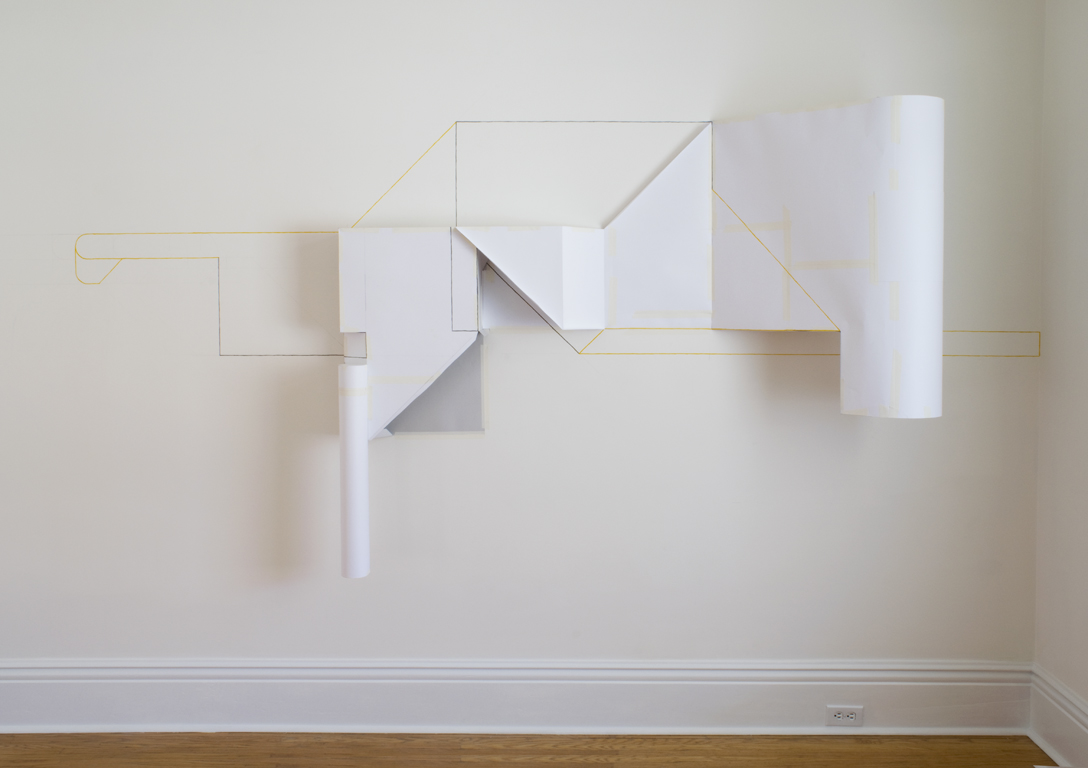   Temporary Structure 2 , 2015, site-specific installation (paper, masking tape, and gouache)   Lines + Planes , 2015, Evans Contemporary, Peterborough, Ontario 