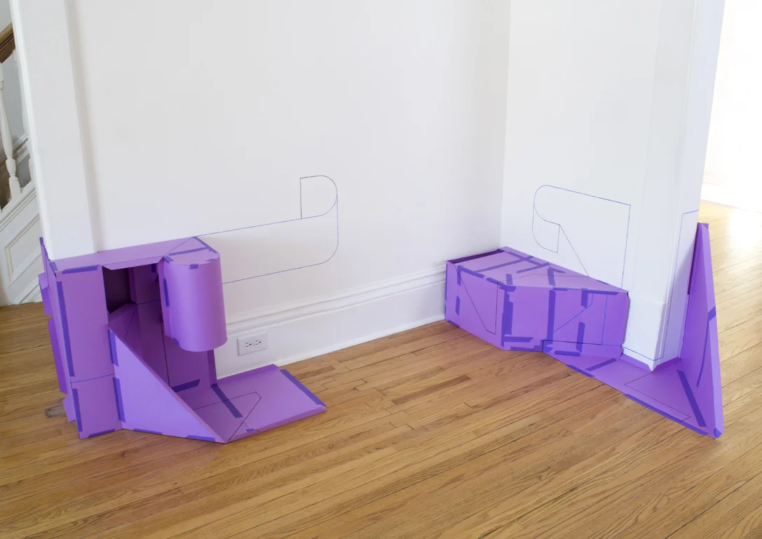 Temporary Structure 3 , 2015, site-specific installation (paper, masking tape, and gouache) Evans Contemporary, Peterborough, Ontario