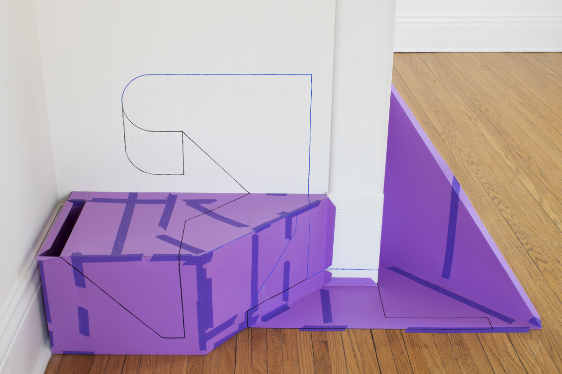   Temporary Structure 3 , 2015, site-specific installation (paper, masking tape, and gouache)   Lines + Planes , 2015, Evans Contemporary, Peterborough, Ontario 