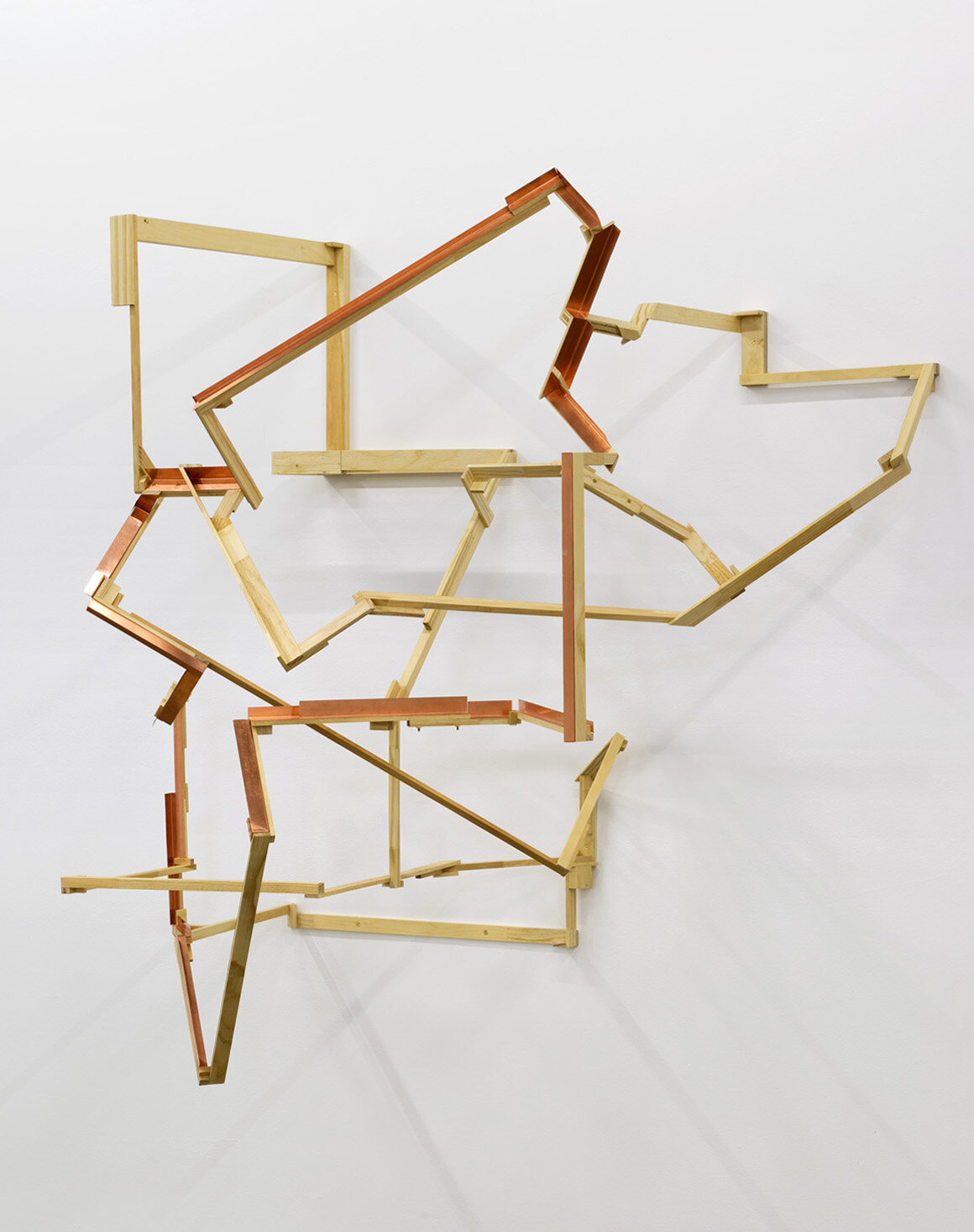   Knot 1 , 2021, pine trim and lumber, framing lumber, spruce plywood, copper, and brass hardware, 55 x 53 x 35 in 