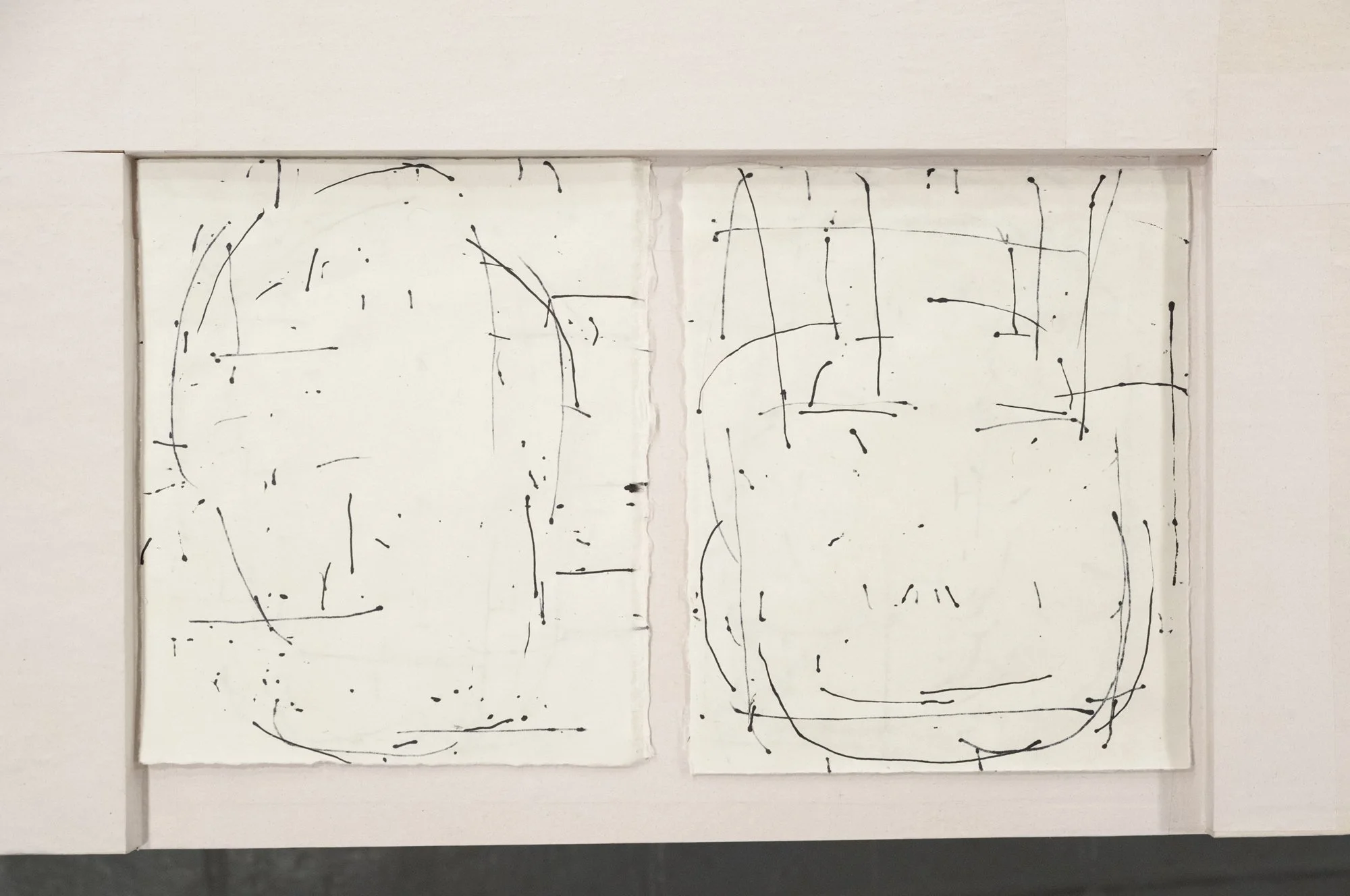   Fields 2 , 2026, ink on paper, 11h x 18in   Courtyard , 2026, Site-Service, Nine, New York 