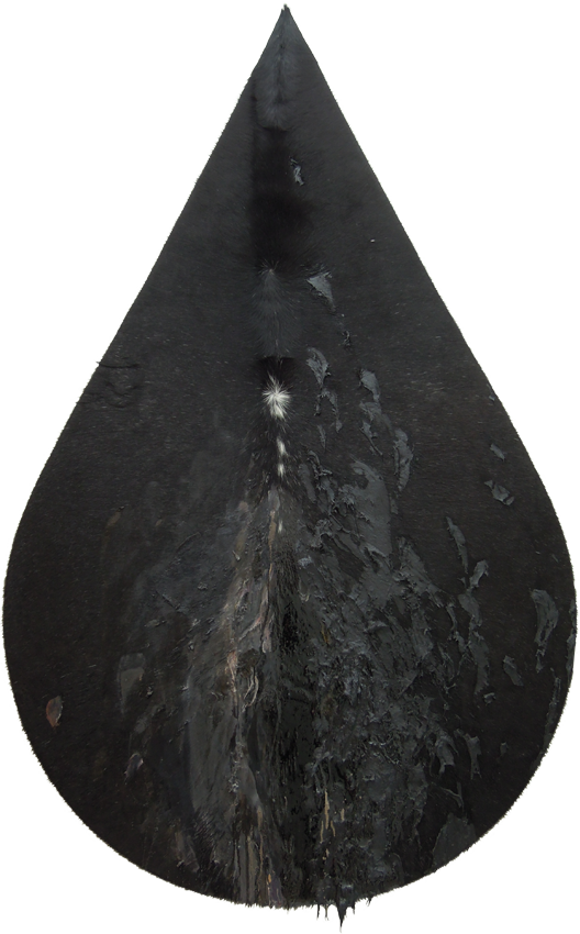  Fur Teardrop, 2015, tar, resin and oil on fur, 45" x 70". 