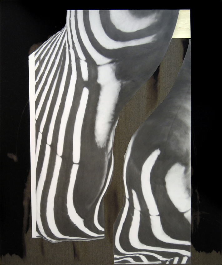 Through The Blinds, 2016, bleach, acrylic, oil and graphite on canvas, 56" x 67".