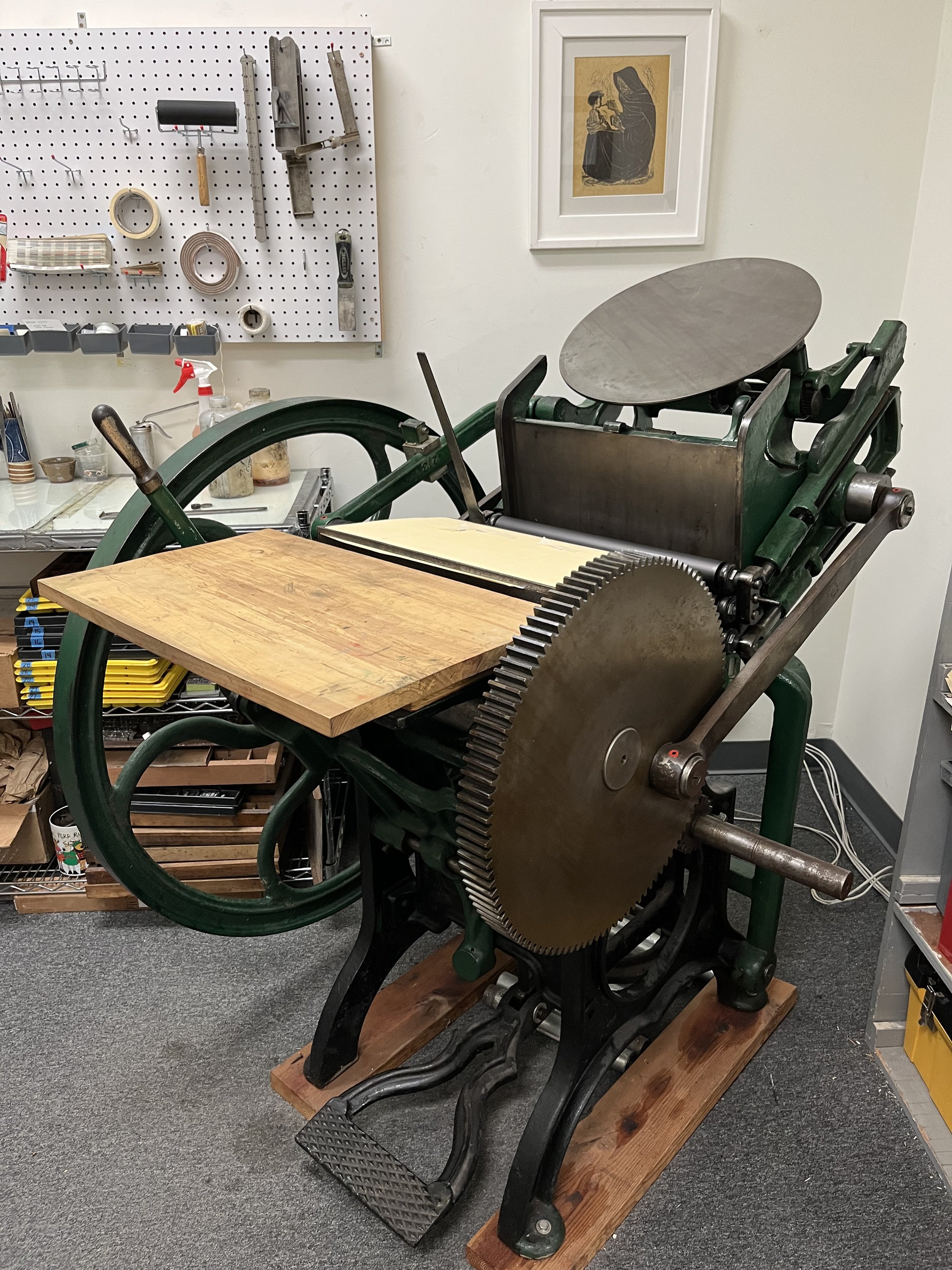 10"x15" chase, floor-model, clamshell-style, treadle-operated Challenge-Gordon platen press